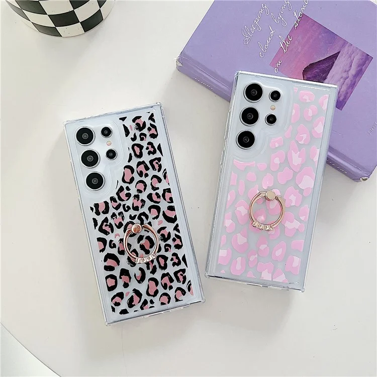 For Samsung Galaxy S23 Ultra Case Ring Kickstand Anti-drop Airbag TPU Cell Phone Cover - Pink Leopard