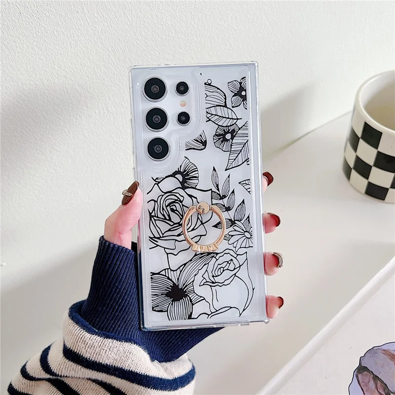 For Samsung Galaxy S23 Ultra Case Floral Pattern TPU Phone Cover Rotating Ring Holder - Black Rose