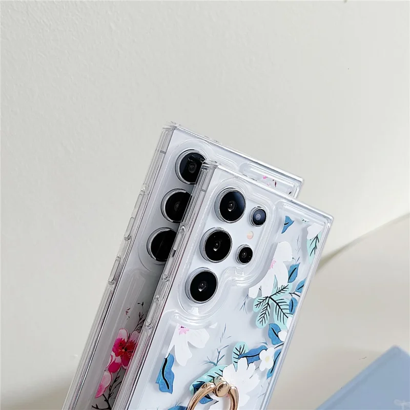 For Samsung Galaxy S23 Ultra Case Floral Pattern TPU Phone Cover Rotating Ring Holder - Black Rose