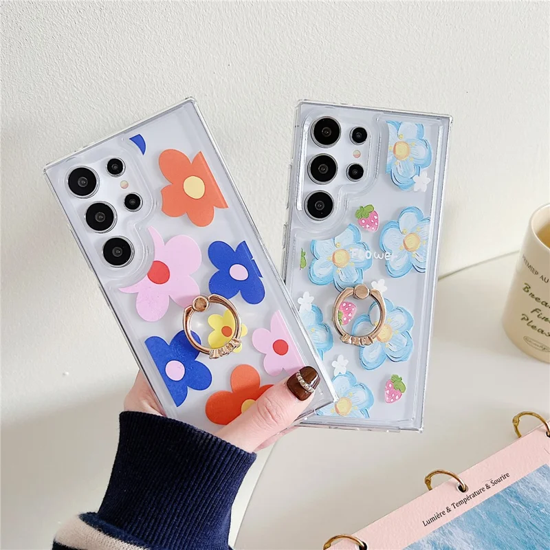 For Samsung Galaxy S23 Ultra Case Floral Pattern TPU Phone Cover Rotating Ring Holder - Black Rose