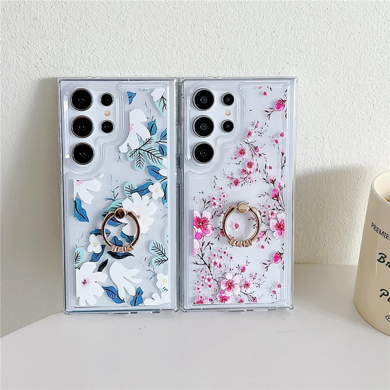 For Samsung Galaxy S23 Ultra Case Floral Pattern TPU Phone Cover Rotating Ring Holder - Black Rose