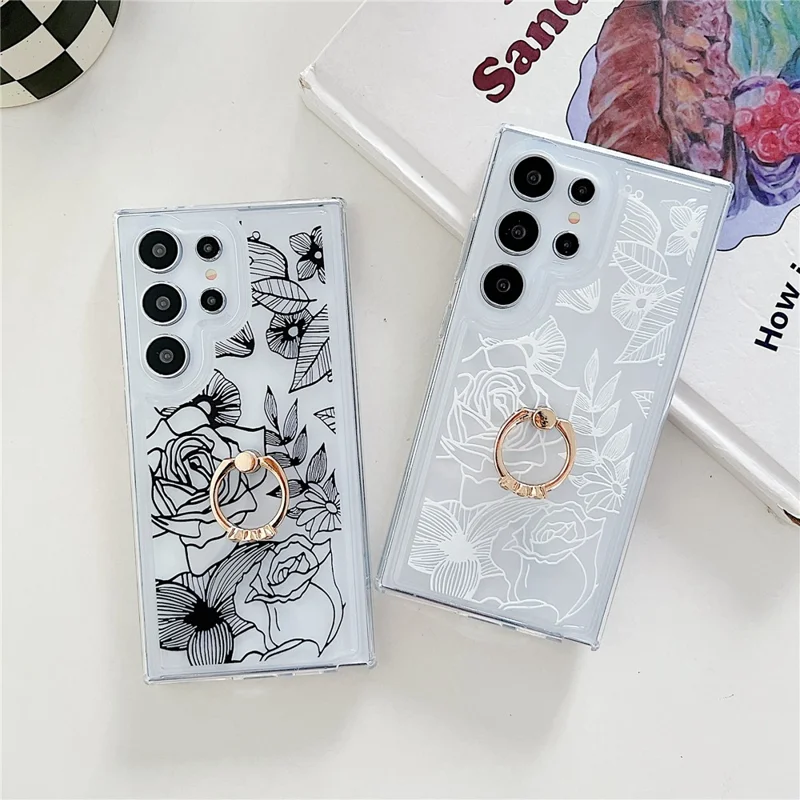 For Samsung Galaxy S23 Ultra Case Floral Pattern TPU Phone Cover Rotating Ring Holder - Black Rose