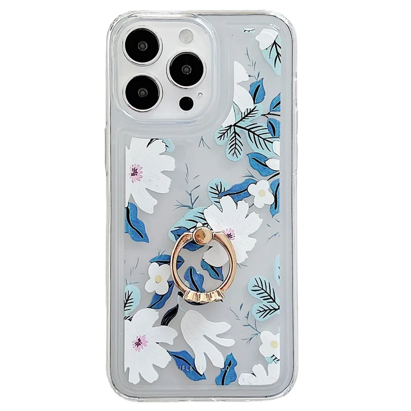 For iPhone 15 Pro Max Phone Case with Ring Holder Flower Pattern TPU Phone Cover - White Flower