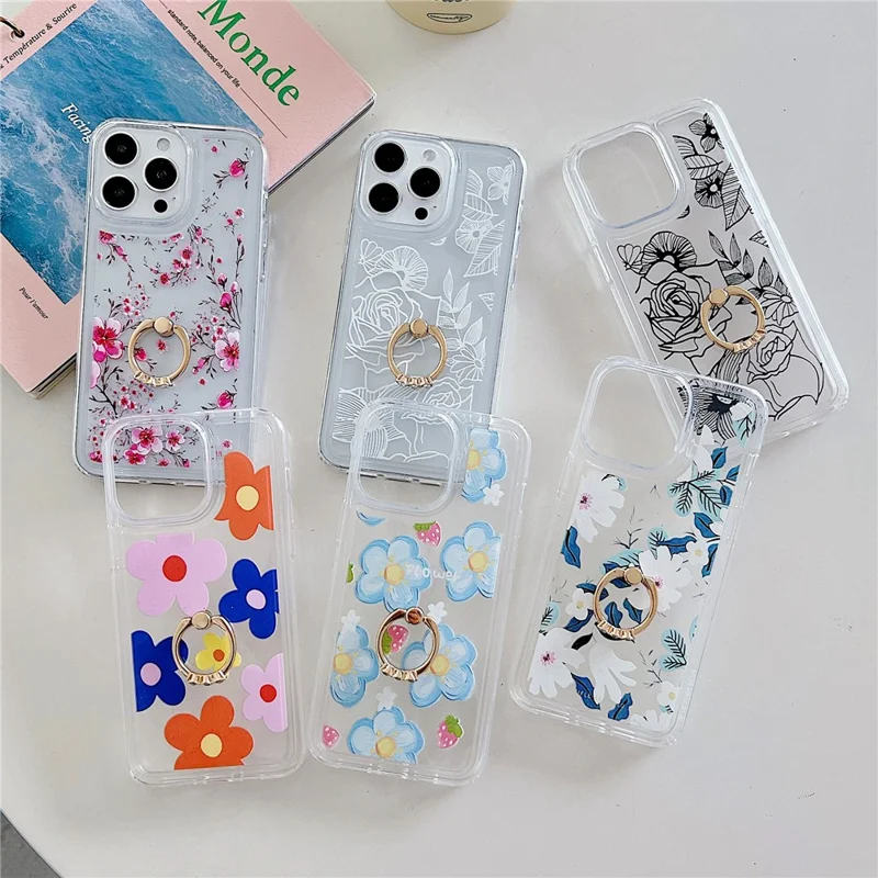 For iPhone 15 Pro Max Phone Case with Ring Holder Flower Pattern TPU Phone Cover - White Flower