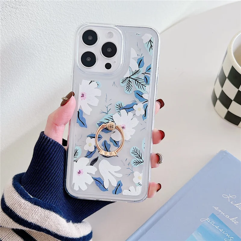 For iPhone 15 Pro Max Phone Case with Ring Holder Flower Pattern TPU Phone Cover - White Flower