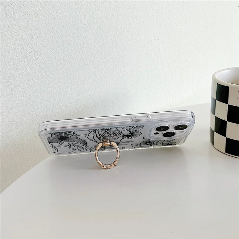 For iPhone 15 Pro Max Phone Case with Ring Holder Flower Pattern TPU Phone Cover - White Flower