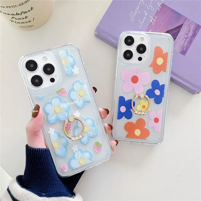 For iPhone 15 Pro Max Phone Case with Ring Holder Flower Pattern TPU Phone Cover - White Flower