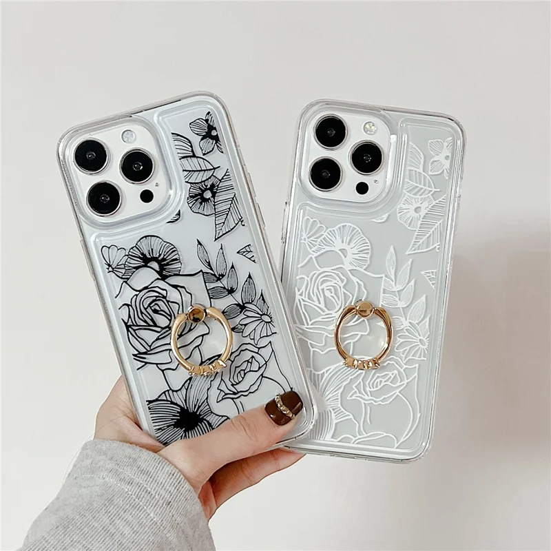 For iPhone 15 Pro Max Phone Case with Ring Holder Flower Pattern TPU Phone Cover - White Flower