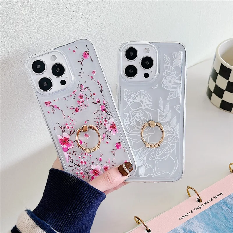 For iPhone 15 Pro Max Phone Case with Ring Holder Flower Pattern TPU Phone Cover - White Flower