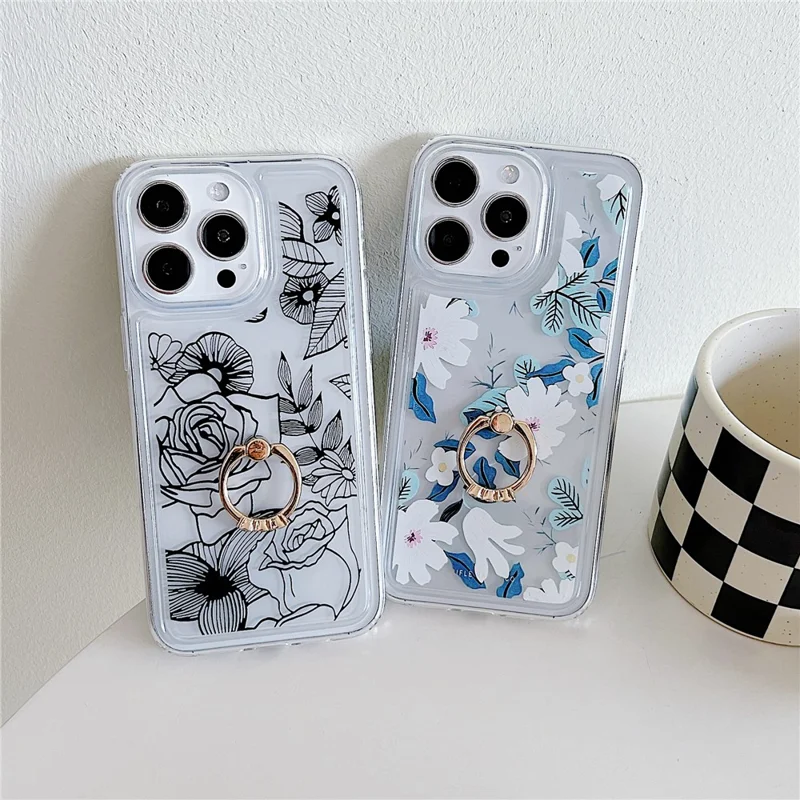For iPhone 15 Pro Max Phone Case with Ring Holder Flower Pattern TPU Phone Cover - White Flower