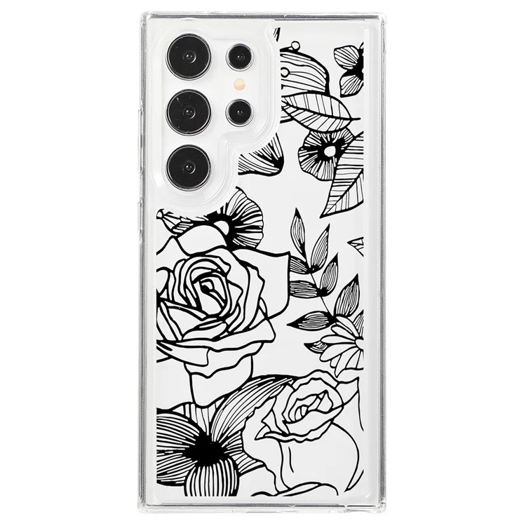 Per Samsung Galaxy S24 Ultra Case Clear TPU Airbag Protection Flower Pattern Phone Cover - Black Rose