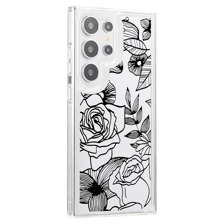Per Samsung Galaxy S24 Ultra Case Clear TPU Airbag Protection Flower Pattern Phone Cover - Black Rose