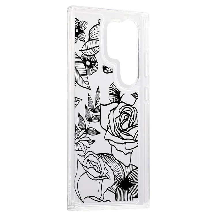 Per Samsung Galaxy S24 Ultra Case Clear TPU Airbag Protection Flower Pattern Phone Cover - Black Rose