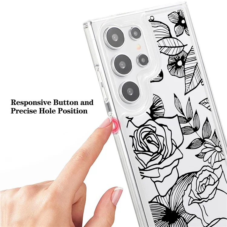 Per Samsung Galaxy S24 Ultra Case Clear TPU Airbag Protection Flower Pattern Phone Cover - Black Rose