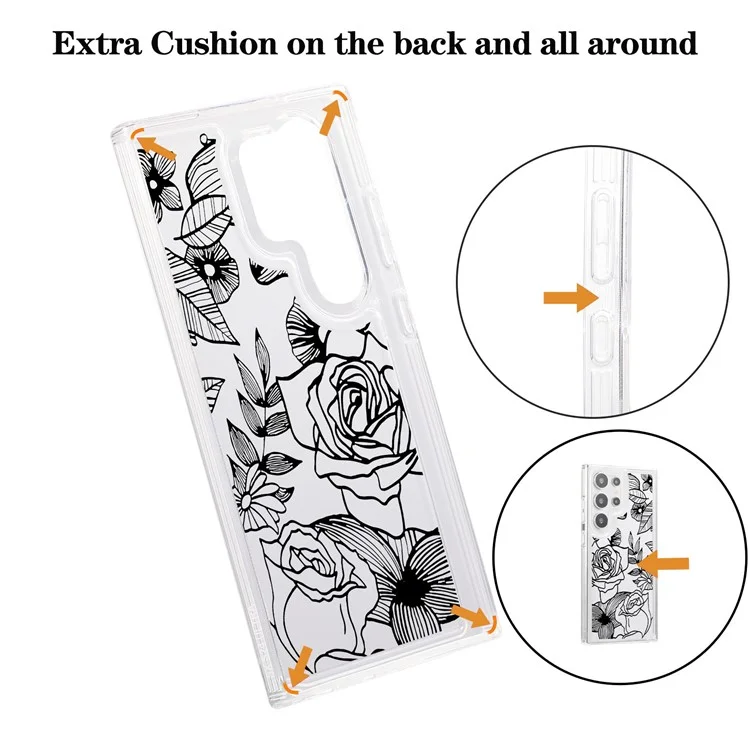 Per Samsung Galaxy S24 Ultra Case Clear TPU Airbag Protection Flower Pattern Phone Cover - Black Rose