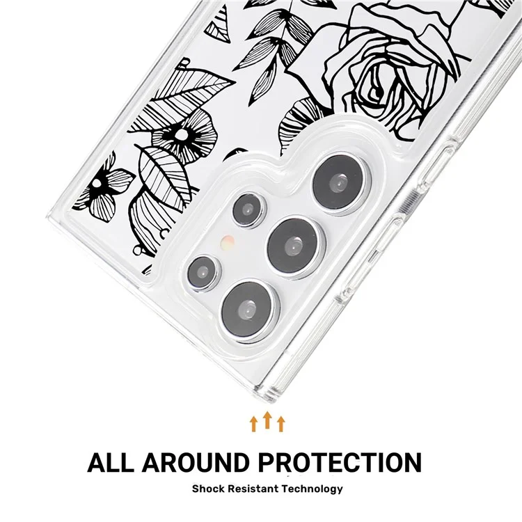 Per Samsung Galaxy S24 Ultra Case Clear TPU Airbag Protection Flower Pattern Phone Cover - Black Rose