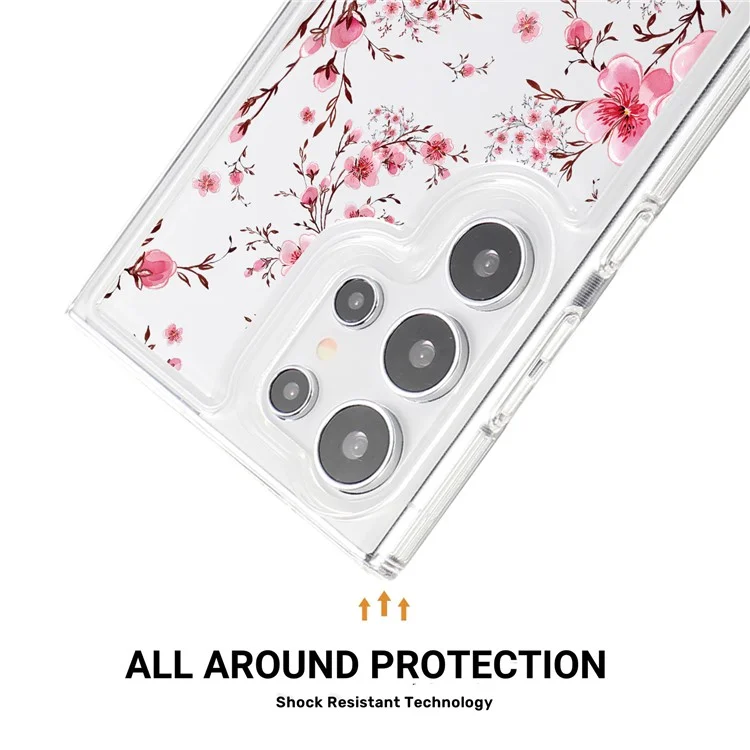 For Samsung Galaxy S23 Ultra Clear Case TPU Airbag Protection Back Phone Cover with Flower Pattern - Peach Blossom