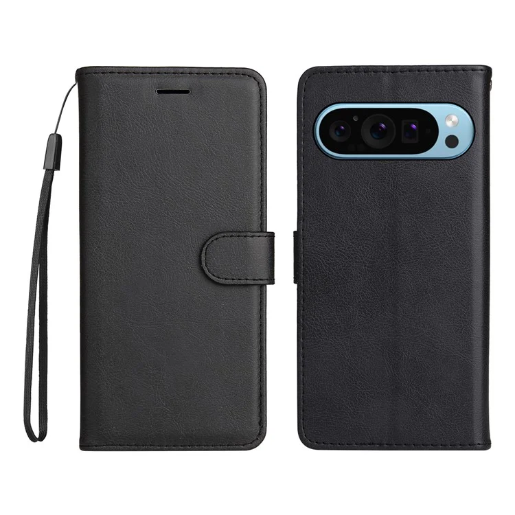 KT Leather Series-2 для чехла Google Pixel 9 / Pixel 9 Pro с подставкой и ремешком на запястье, цельноцветный чехол для телефона - черный