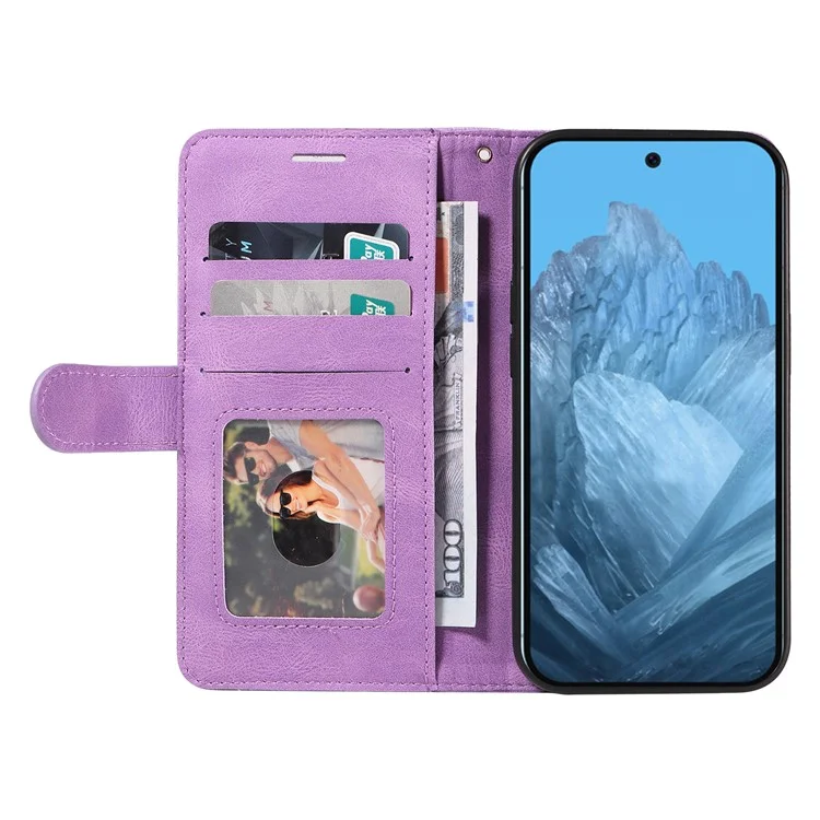 KT Leather Series-1 Para Google Pixel 9 Case de Teléfonos Cubierta de Stand de Billetera de Cuero de Empalme de Doble Color - Púrpura Ligera