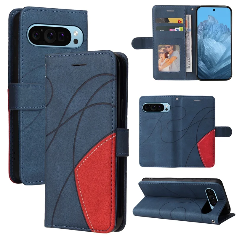 For Google Pixel 10 Pro / 10 / 9 Pro / 9 Leather Case Wallet Stand Color Splicing Phone Cover - Blue