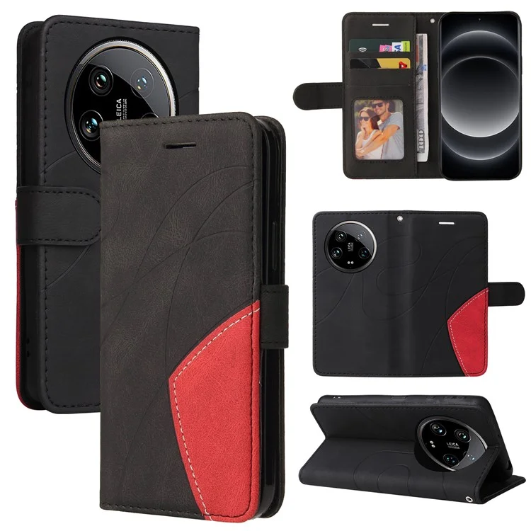 Étui portefeuille en cuir KT Series-1 pour Xiaomi 14 Ultra, design bicolore en cuir, protection anti-chute - Noir