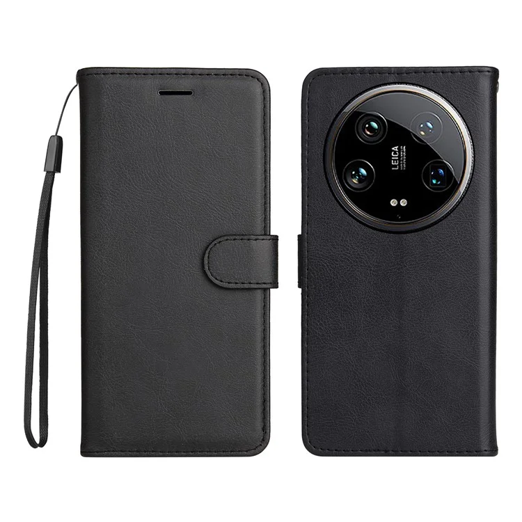 KT Leather Series-2 for Xiaomi 14 Ultra Wallet Case Solid Color Leather Flip Phone Cover - Black