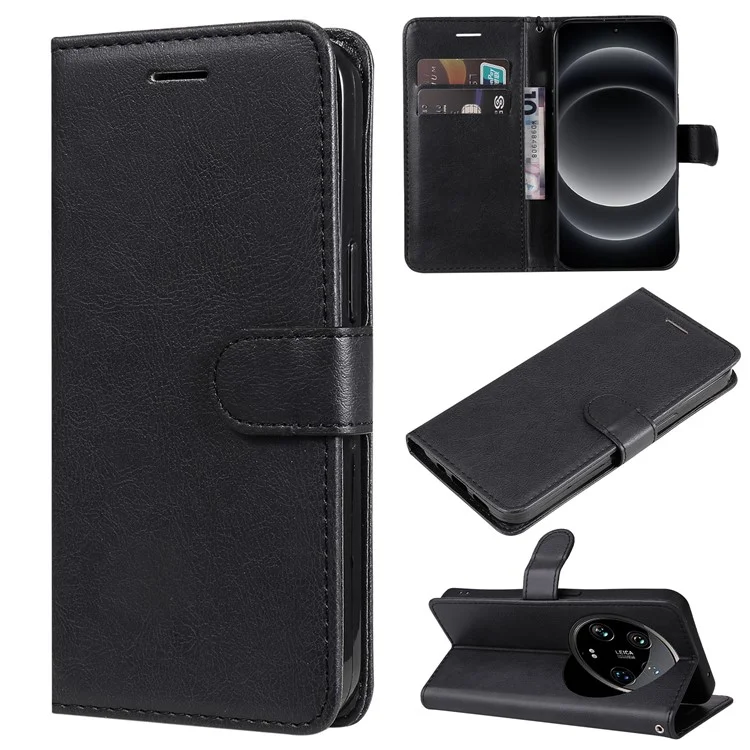 KT Leather Series-2 for Xiaomi 14 Ultra Wallet Case Solid Color Leather Flip Phone Cover - Black