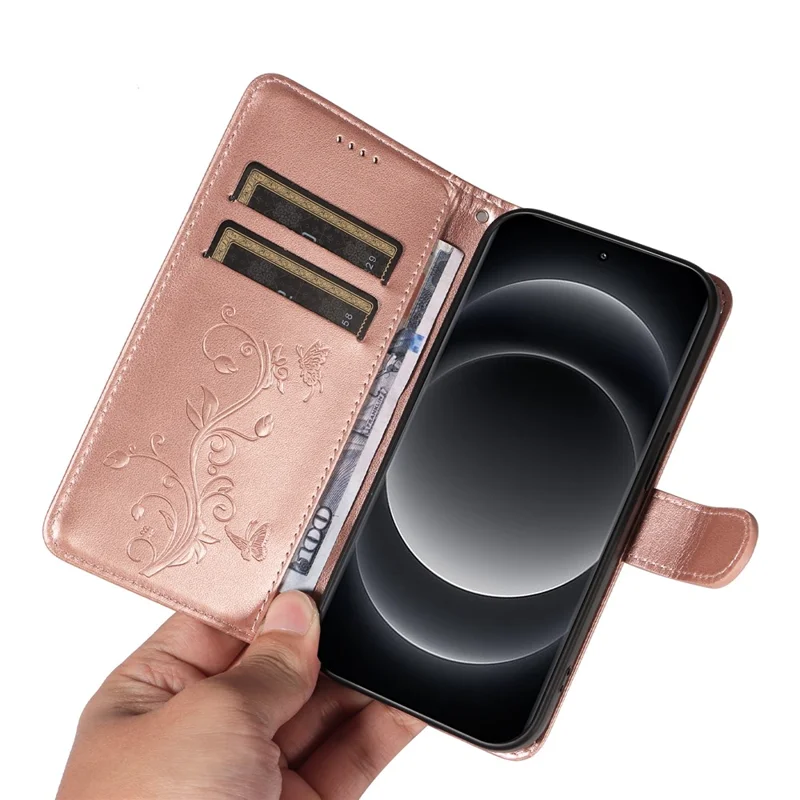 For Xiaomi 14 Ultra PU Leather Cases Flower Pattern Wallet Stand Phone Cover with Strap - Rose Gold