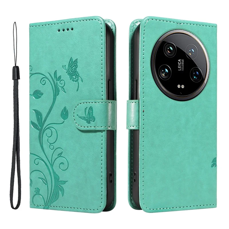 For Xiaomi 14 Ultra PU Leather Cases Flower Pattern Wallet Stand Phone Cover with Strap - Green