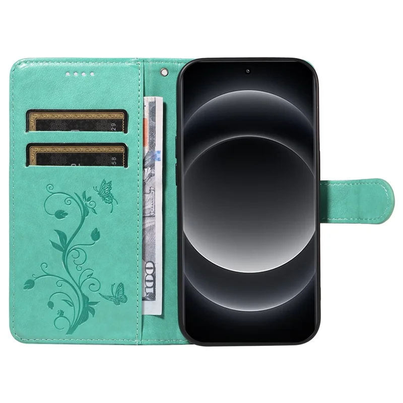 For Xiaomi 14 Ultra PU Leather Cases Flower Pattern Wallet Stand Phone Cover with Strap - Green