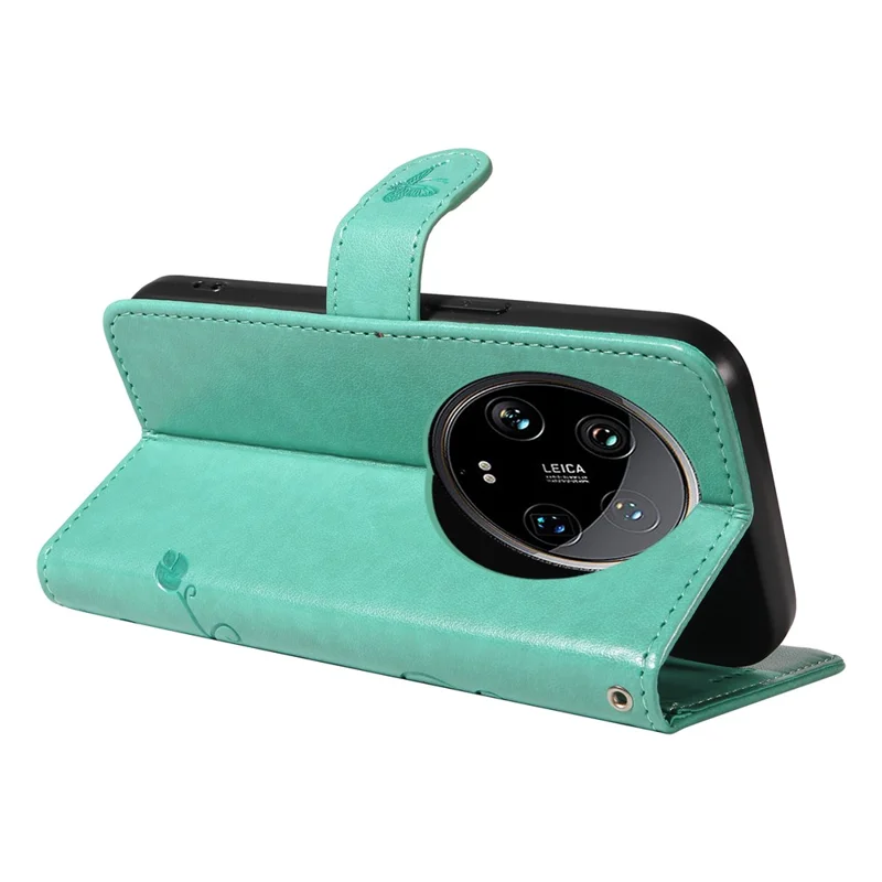 For Xiaomi 14 Ultra PU Leather Cases Flower Pattern Wallet Stand Phone Cover with Strap - Green