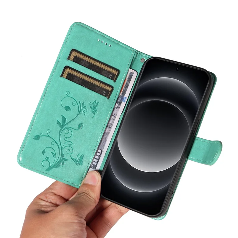 For Xiaomi 14 Ultra PU Leather Cases Flower Pattern Wallet Stand Phone Cover with Strap - Green
