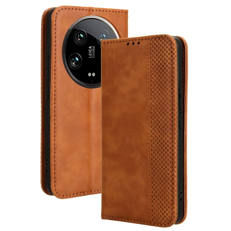 For Xiaomi 14 Ultra Case Vintage Leather Magnetic Flip Phone Cover - Brown