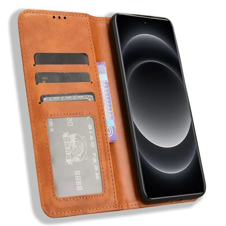 For Xiaomi 14 Ultra Case Vintage Leather Magnetic Flip Phone Cover - Brown