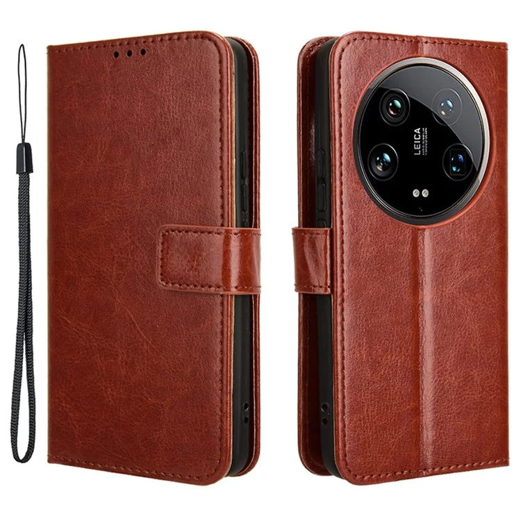 Für Xiaomi 14 Ultra Lederhülle Geldbörse Crazy Horse Textur Stoßfeste Handyhülle - Braun