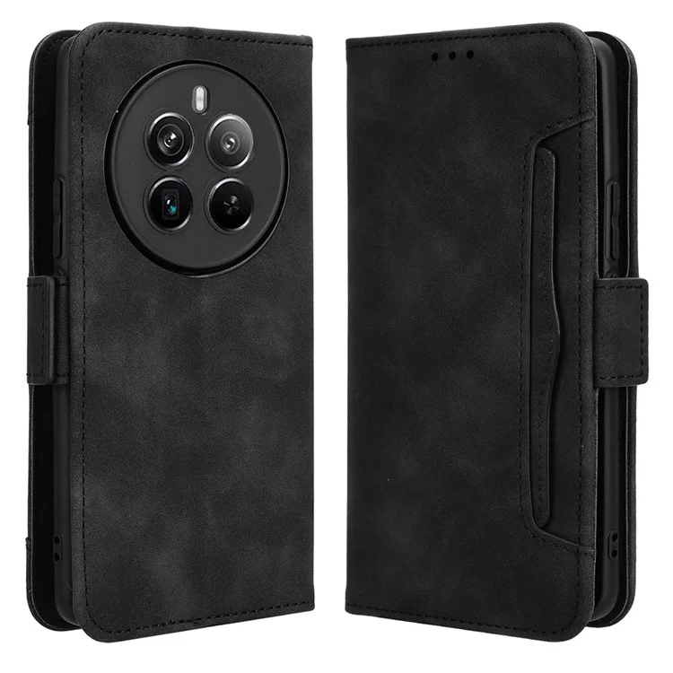 For Realme 12 4G / 12+ 5G / Narzo 70 Pro 5G / Narzo 70 5G / P1 5G / 13 4G Case PU Leather Stand Multiple Card Holders Phone Cover - Black