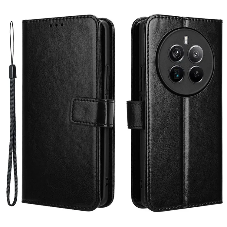 Per Realme 12 4G / 12+ 5G / Narzo 70 Pro 5G Custodia in pelle PU Crazy Horse Texture Folio Wallet Phone Cover - Nero