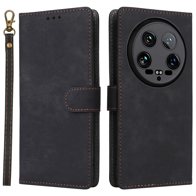 Funda para teléfono Xiaomi 14 Ultra con correa para la mano, cuero PU, bloqueo RFID, funda de billetera - Negro