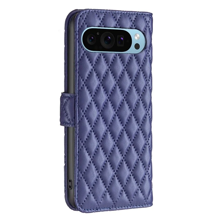 Binfen Color BF Style-14 Para Google Pixel 9 Case PU Couro Rhombus Grid Tampa - Azul