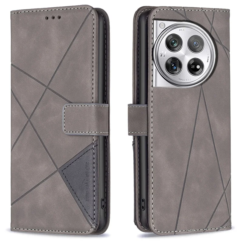 BINFEN COLOR For OnePlus 12R 5G / Ace 3 5G Phone Cases Wallet Stand Geometry Imprint Leather Cover - Grey