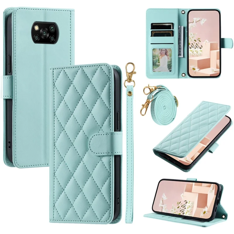 For Xiaomi Poco X3 / Poco X3 NFC / Poco X3 Pro Wallet Case PU Leather+TPU Phone Cover Rhombus Grid Pattern - Mint Green