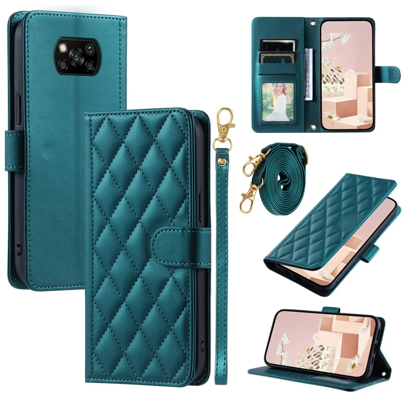 For Xiaomi Poco X3 / Poco X3 NFC / Poco X3 Pro Wallet Case PU Leather+TPU Phone Cover Rhombus Grid Pattern - Green