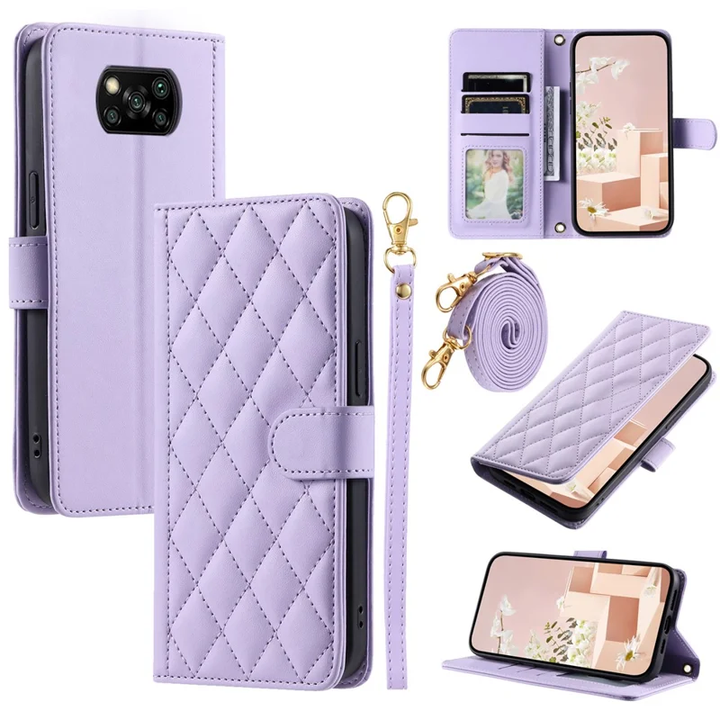 For Xiaomi Poco X3 / Poco X3 NFC / Poco X3 Pro Wallet Case PU Leather+TPU Phone Cover Rhombus Grid Pattern - Purple