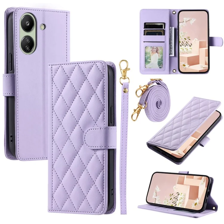 Per Xiaomi Redmi 13C 4G / Poco C65 4G Case Wallet Rhombus Grid Pattern Phone Cover con Tracolla - Viola