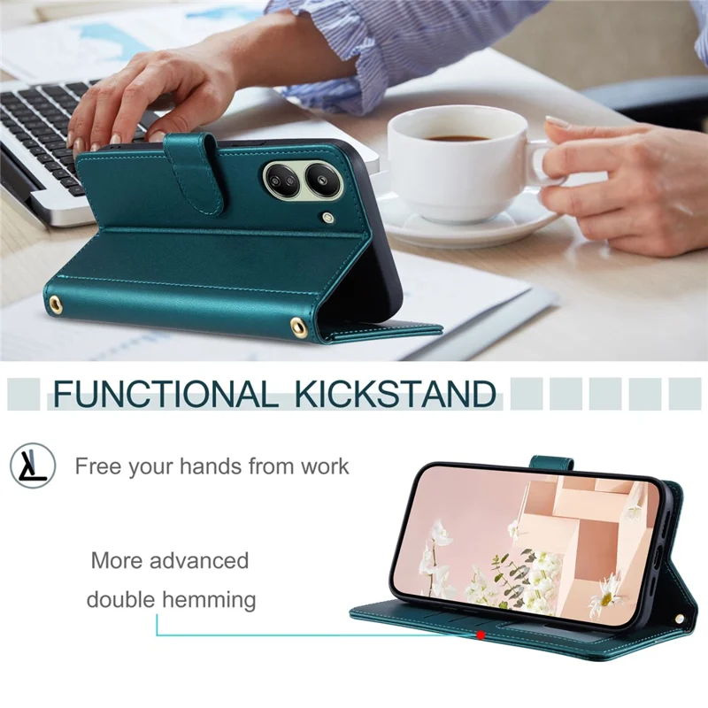 Für Xiaomi Redmi 13C 4G / Poco C65 4G Hülle Brieftasche Rhombus Gittermuster Handyhülle mit Handschlaufe - Grün