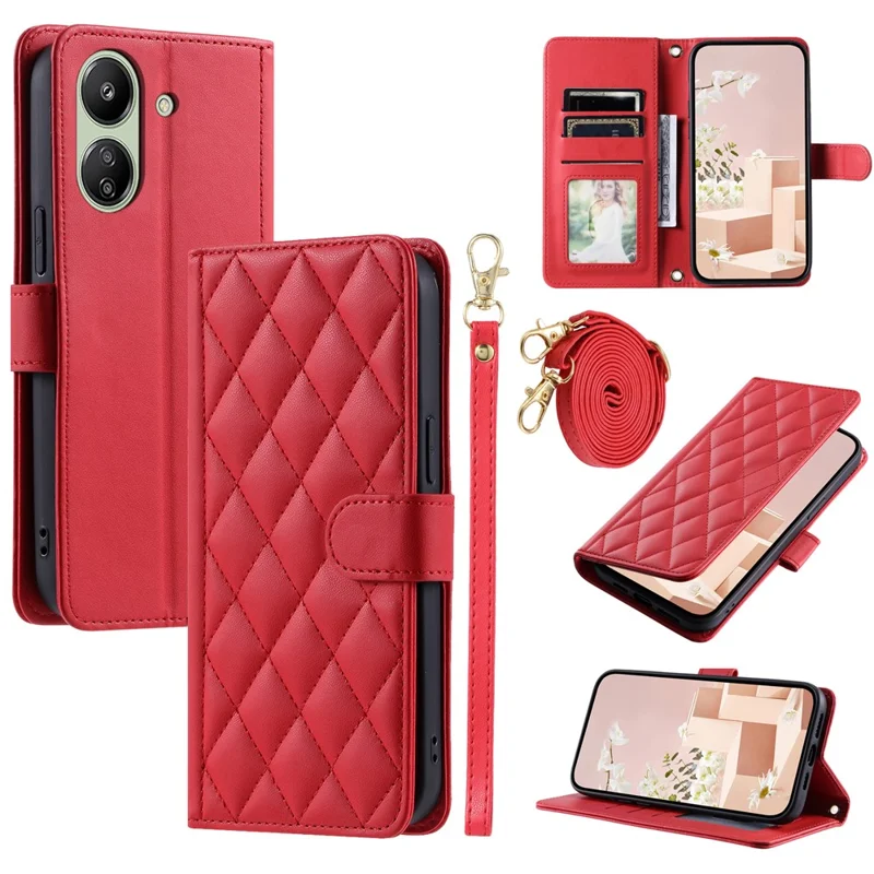 For Xiaomi Redmi 13C 4G / Poco C65 4G Case Wallet Rhombus Grid Pattern Phone Cover with Hand Strap - Red