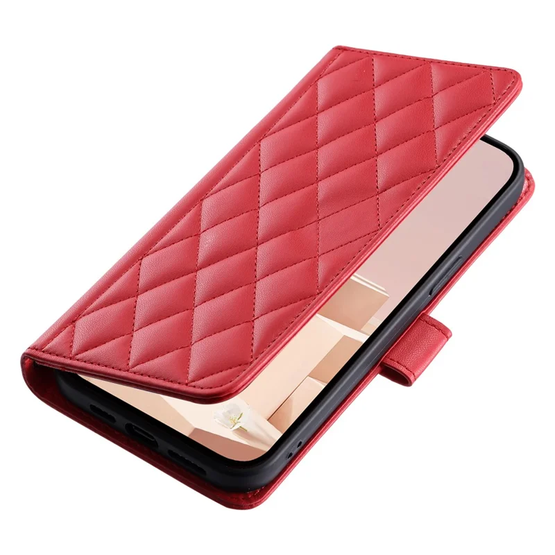 For Xiaomi Redmi 13C 4G / Poco C65 4G Case Wallet Rhombus Grid Pattern Phone Cover with Hand Strap - Red