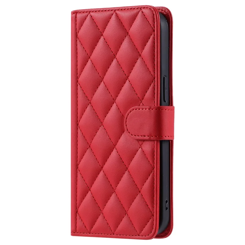 For Xiaomi Redmi 13C 4G / Poco C65 4G Case Wallet Rhombus Grid Pattern Phone Cover with Hand Strap - Red