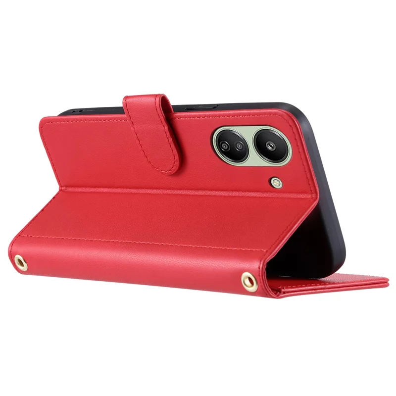 For Xiaomi Redmi 13C 4G / Poco C65 4G Case Wallet Rhombus Grid Pattern Phone Cover with Hand Strap - Red