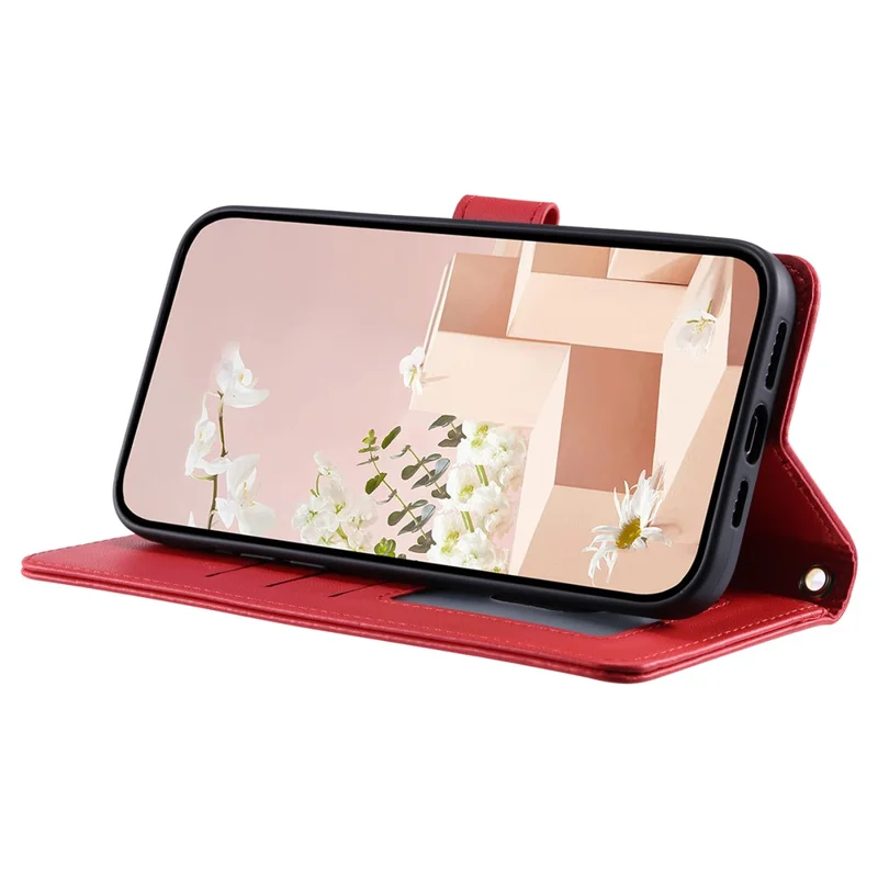 For Xiaomi Redmi 13C 4G / Poco C65 4G Case Wallet Rhombus Grid Pattern Phone Cover with Hand Strap - Red